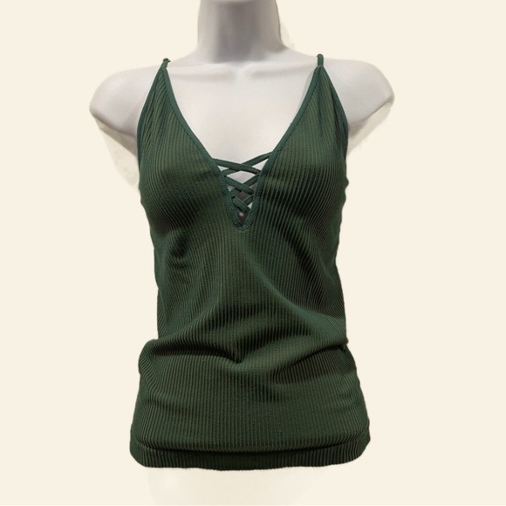 Free People Intimately Green Ribbed Lace Up V Camisole Size M/L - Picture 4 of 7
